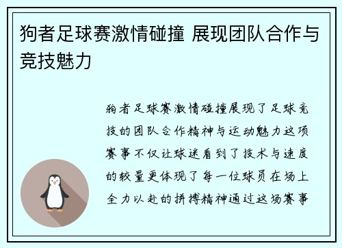 狗者足球赛激情碰撞 展现团队合作与竞技魅力