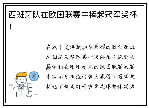 西班牙队在欧国联赛中捧起冠军奖杯！