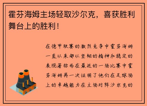 霍芬海姆主场轻取沙尔克，喜获胜利舞台上的胜利！