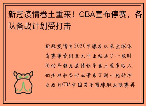 新冠疫情卷土重来！CBA宣布停赛，各队备战计划受打击
