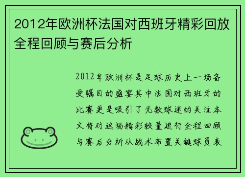 2012年欧洲杯法国对西班牙精彩回放全程回顾与赛后分析