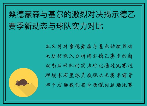 桑德豪森与基尔的激烈对决揭示德乙赛季新动态与球队实力对比